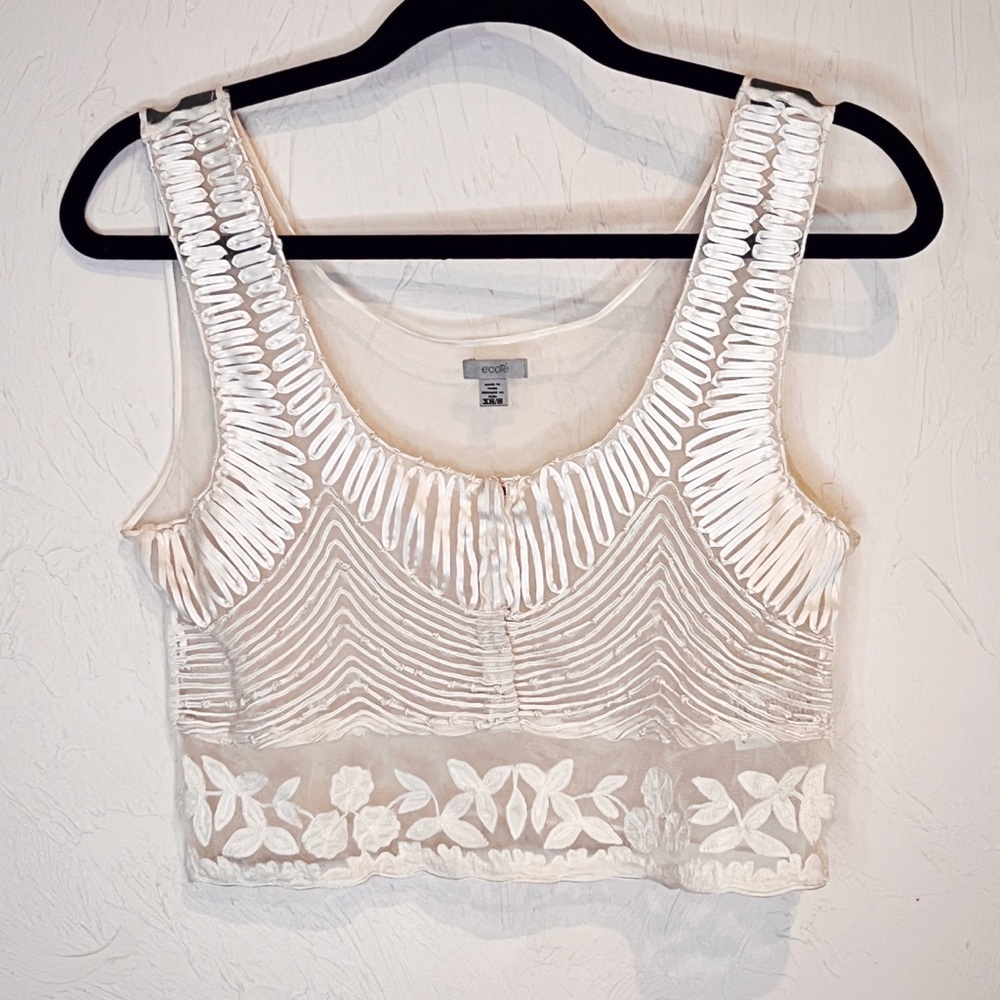 Cottagecore Ivory Sheer Mesh Crop Top Women’s S Embroidered ecote Tank